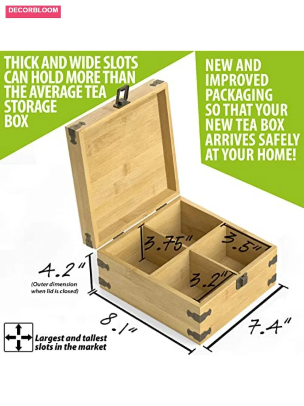 Bamboo Tea Organizer Box with 4 Adjustable Slots, Handmade Eco-Friendly Storage